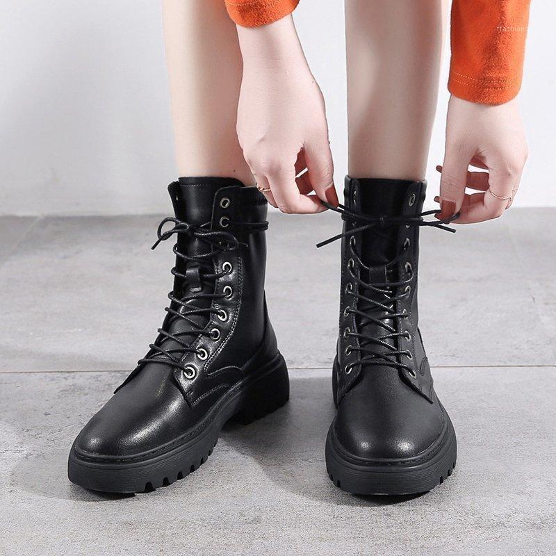 

STQ Genuine Leather Boots women shoes Ankle 2020 New Autumn Thick With Short Boots combat for women Motorcycle K0101, Black k010