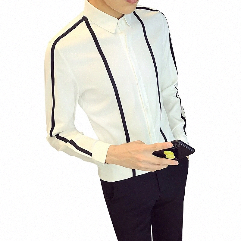 Chemise Hommes rayé cols classique quotidien sortir de longues manches minces tops blanc / chute / travail q5es #