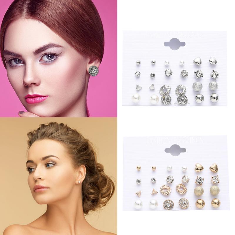 

Fashion 12 Pairs / Set Women Square Crystal Heart Stud Earring For Women Simulated Piercing Pearl Flower Earrings Accessory Gift