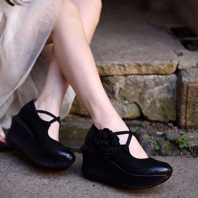 

Artmu Retro Wedges Shoes For Women Original Retro Flower High Heel Single Shoes Soft Soles Genuine Leather High Heel Mujer, Black