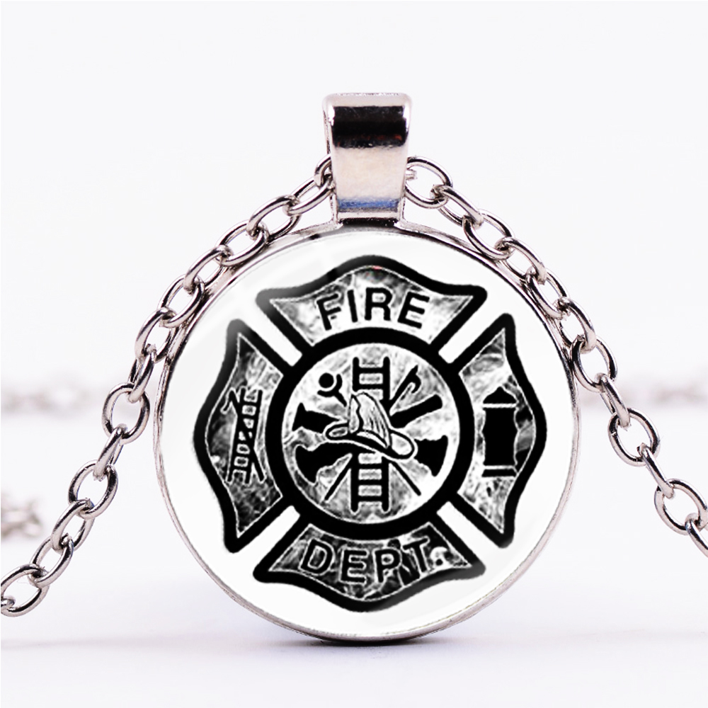 

Firefighter Symbol Statement Necklace Silver Plated Fire Fighter Badge Pendant Glass Dome Long Chain Fire-rescue Jewelry