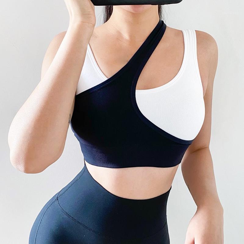 

Oblique Shoulder Push Up Sexy Women Yoga Sports Bras Crop Top Sexy Seamless Fitness Gym Exercise Running Workout Bra1, Black