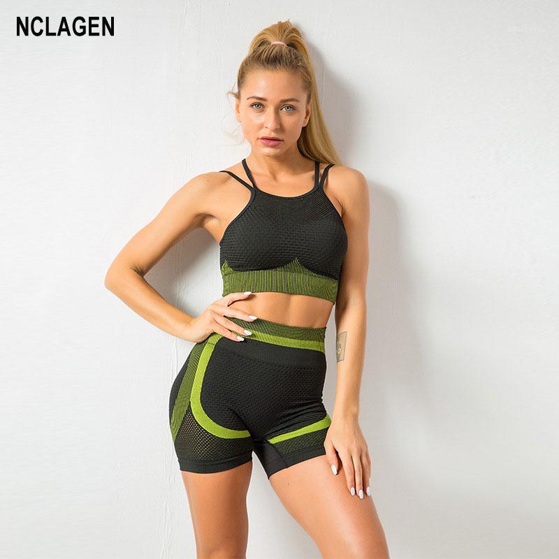 

NCLAGEN Seamless Suit Yoga Set Women Bra Short Fitness Sportwear 2 Piece Elastic Mesh Running Gym Clothes Workout Sport Outfit1, Blue