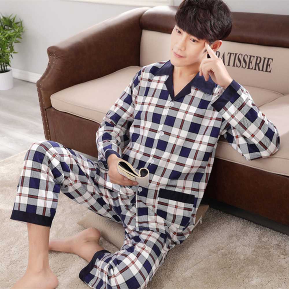

DIHOPE Men Set Cotton Spring Long Sleeve Plaid Men Pajama Suit Nightwear Collar Pijama Male Sleepwear Two Piece XXXL