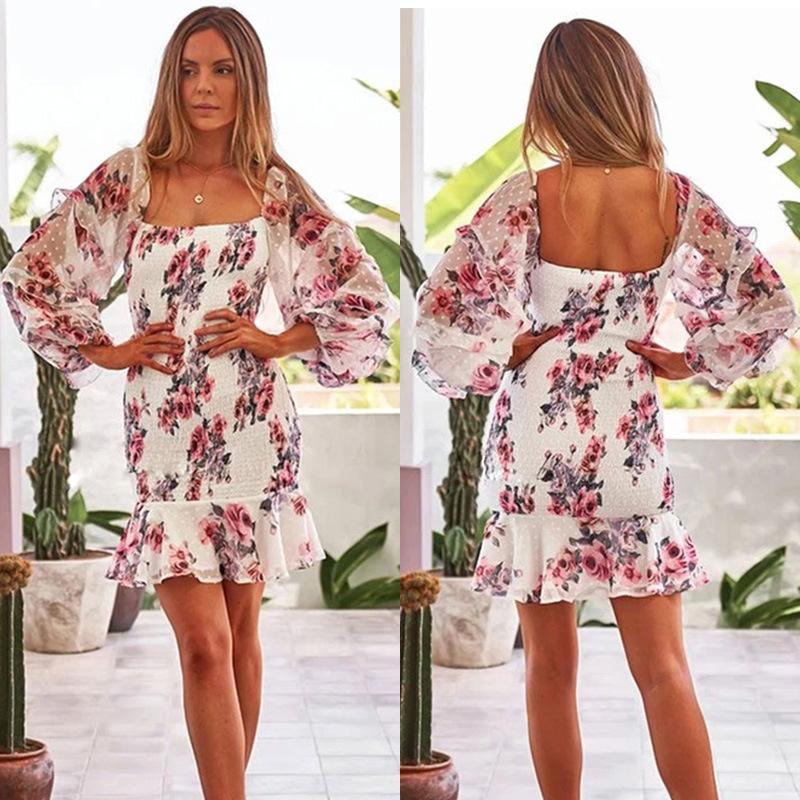 Floral Square Neck Wrap Dress Long Sleeve Ruffles Vestidos Boho Hippie Chic Elegant Bodycon Sexy Women's Dresses-image-609988693