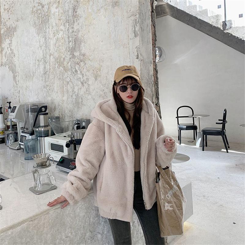 

Faux Fur Coat Winter Jacket Women 2020 New Solid Hooded Faux Fur Jacket Warm Thick Fashion Loose Plush Ladies Coats Women, White