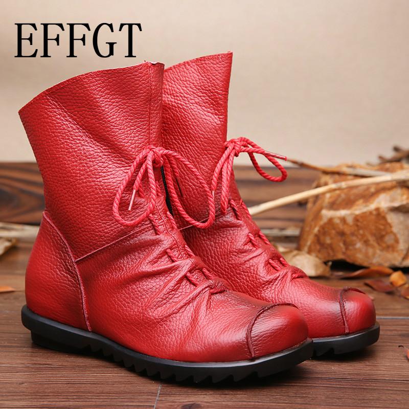 

EFFGT Vintage Style Genuine Leather Women Boots Flat Booties Soft Cowhide Women's Shoes Front Zip Ankle Boots zapatos mujer D05, Red