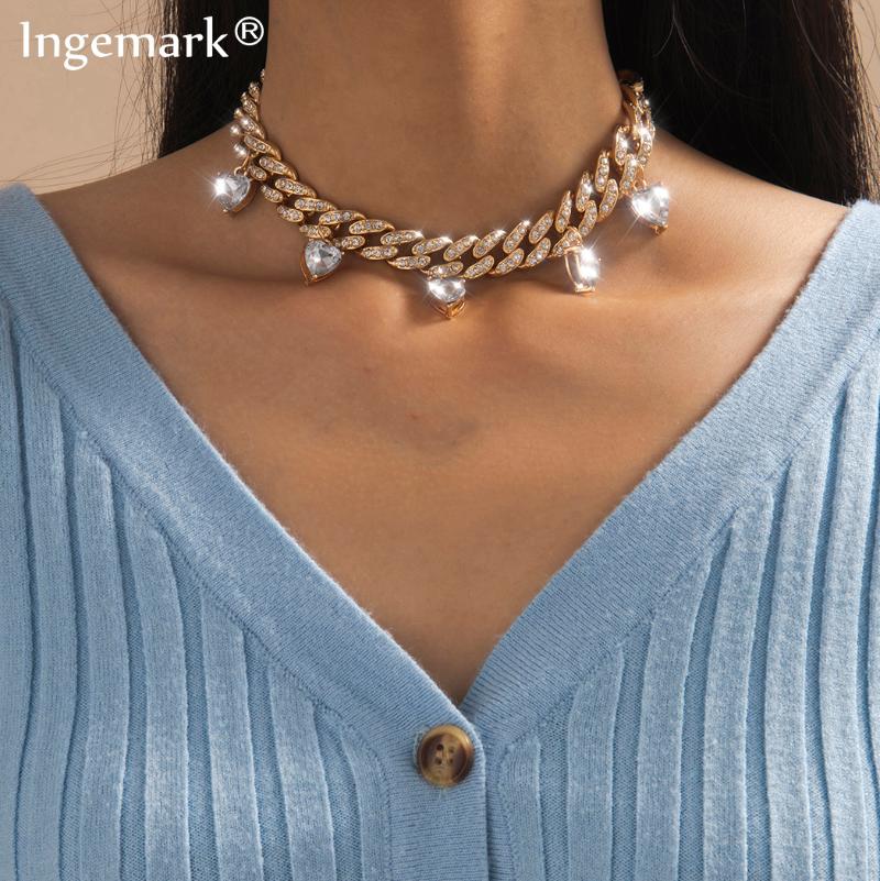 

Goth Luxury Iced Out Paved Rhinestones Chain Necklace Women Wedding Punk Love Heart Tassel Pendant Full Crystal Jewelry Gifts