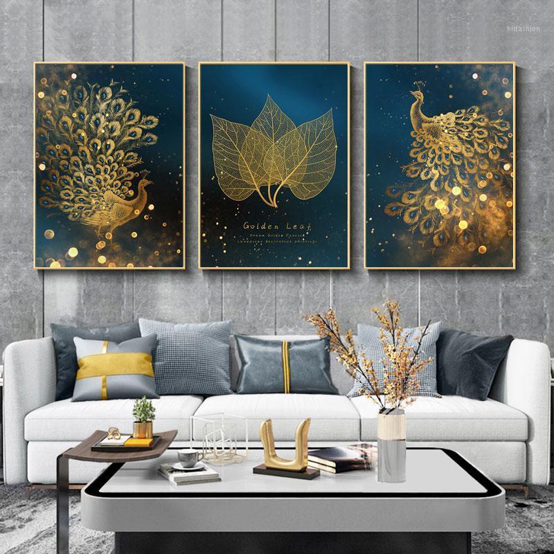

Art Golden Leaf Peacock Paintings Wall 3 Panel Canvas Modular Nordic Picture HD Print Posters Framed For Living Room Home Decor1