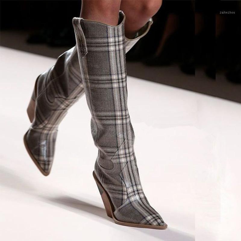 

New Catwalk Leather Knee High Women Boots Pointy Toe Embossed leather cowboy boots Wedges coated-canvas knee1, As show