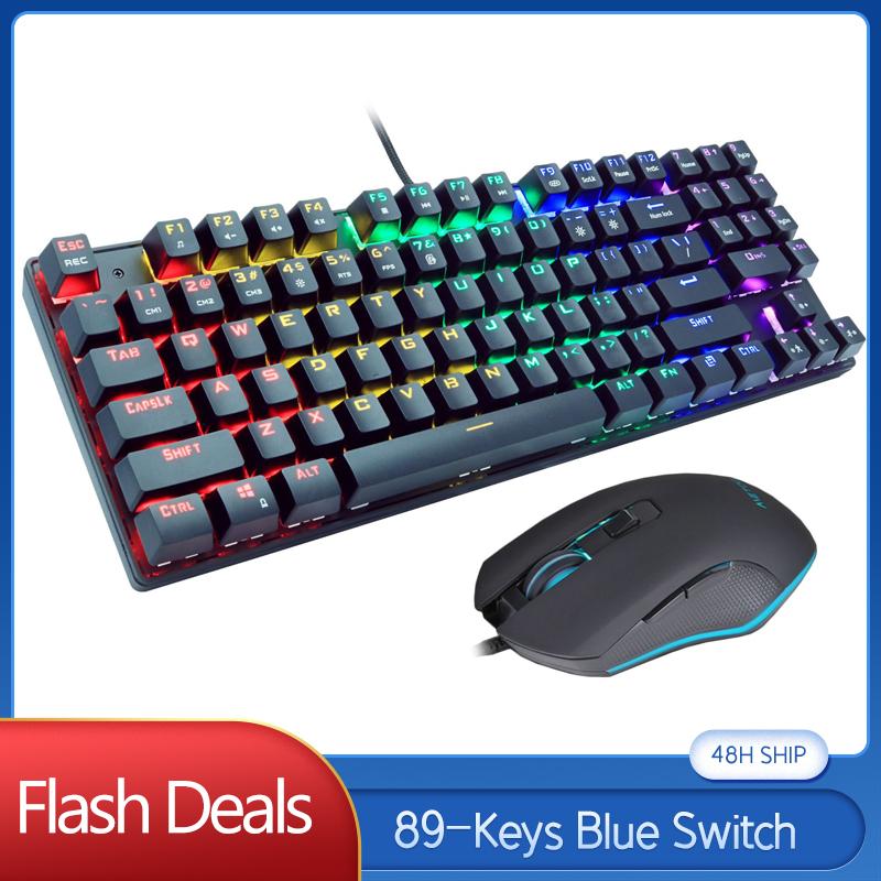 

Professional Mechanical Gaming Wired Keyboard Mouse Set Backlit 89 Keys Keypad Multimedia Blue Switch Keyboards PC Laptop