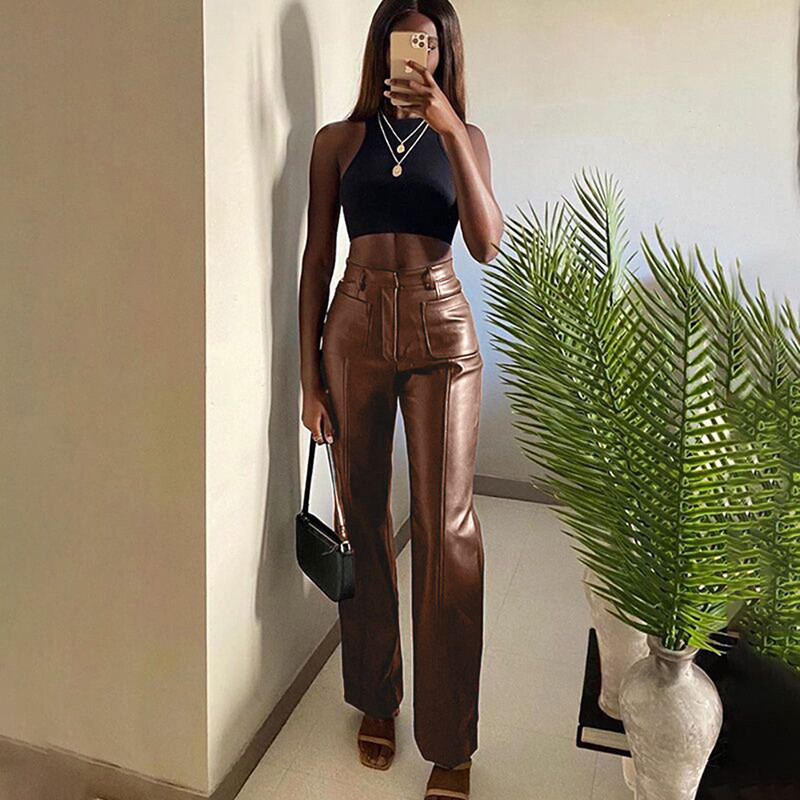 

Faux PU Leather Pockets Baggy Pants Women High Waist Fashion Fall 2020 Trousers Streetwear Casual Solid Wide Leg Pants, Black;white