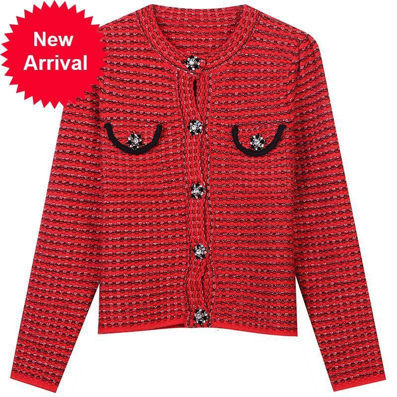 

Autumn 2021 New New Track Striped Woman' Cardigan Sweater Long Sleeve Red Neck Smooth Fashion Elegant Knitted Coat 06UW, Beige
