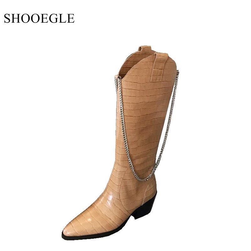 

New Hot Chain Boots Women Crocodile Pattern Vintage Western Cowboy Boats Fashion Pointed Toe Mid-calf Boots Med Heels Shoes, Black