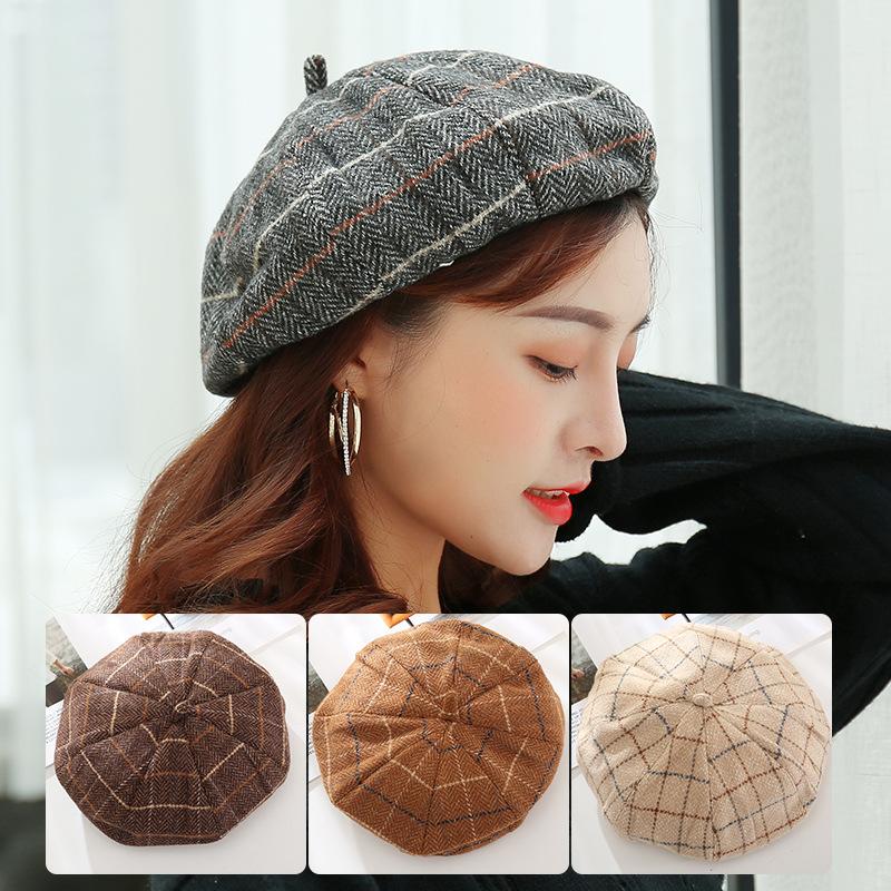 

Korean Retro Octagonal Cap French Beret Warm Autumn Winter Hats For Women Painter Hat Handsome Plaid Casual Beret Cap 2020