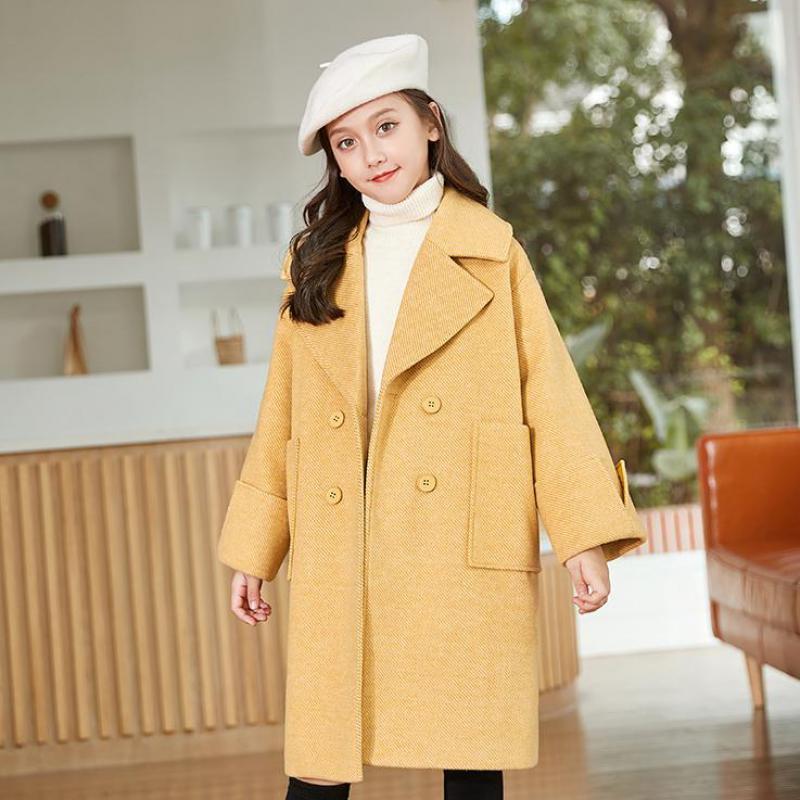 

7 9 11 14 Years Girls Long Coats Winter Good Quality Elegant Turn Down Collar Overcoats Teen Kids Outdoor Outerwear Jackets, Yellow