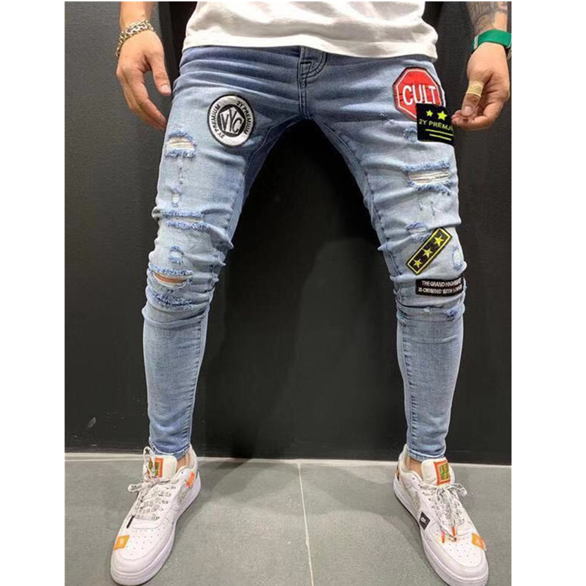 

2021 New Men's Denim Men Winter Fashion Skinny Ripped Broken Pants Hip Streetwear Jeans Ab05 72QG, Blue