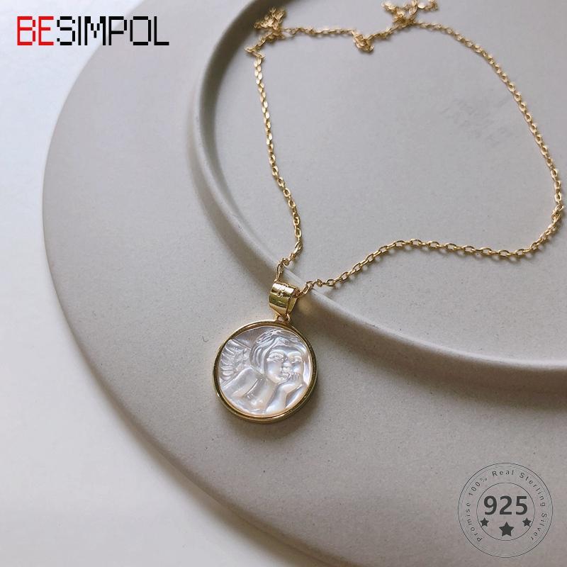

Besimpol 925 Sterling Silver Shell Angel Baby Pendant Necklace Western Style Round Pendant Necklace For Women Fine Jewelry Gift