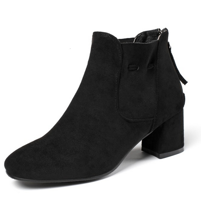 

2021 New Autumn Winter Casual Round Toe Ankle Boots Flock Square High Heel Elegant Women Shoes Big Size 34-43 3f27, Black