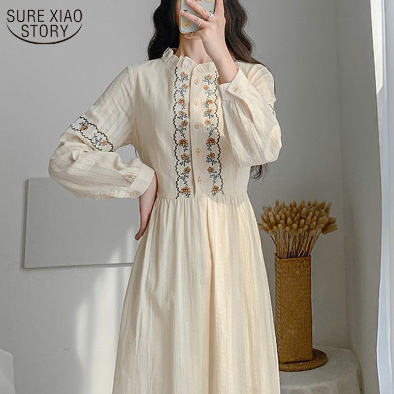 

Casual Dresses 2022 Spring Vintage Floral Embroidery Dress Women Long Sleeve Apricot High Waist Vestido De Mujer Button, Black;gray