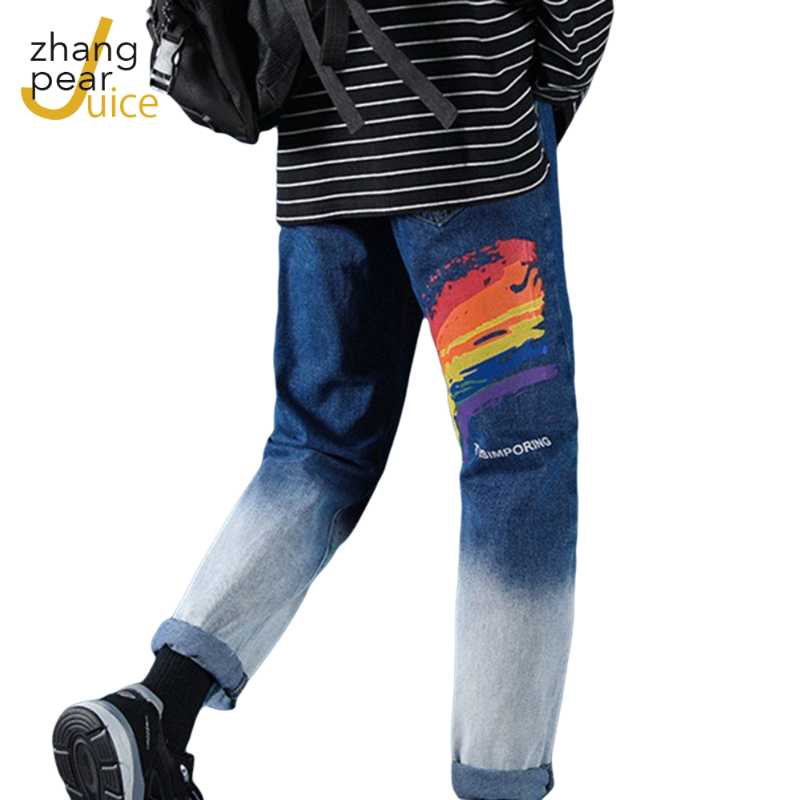 

Streetwear Men's Denim Jeans Pants Fashion Men Casual Print Pant Trousers High Street Straight Pant Men, As shown