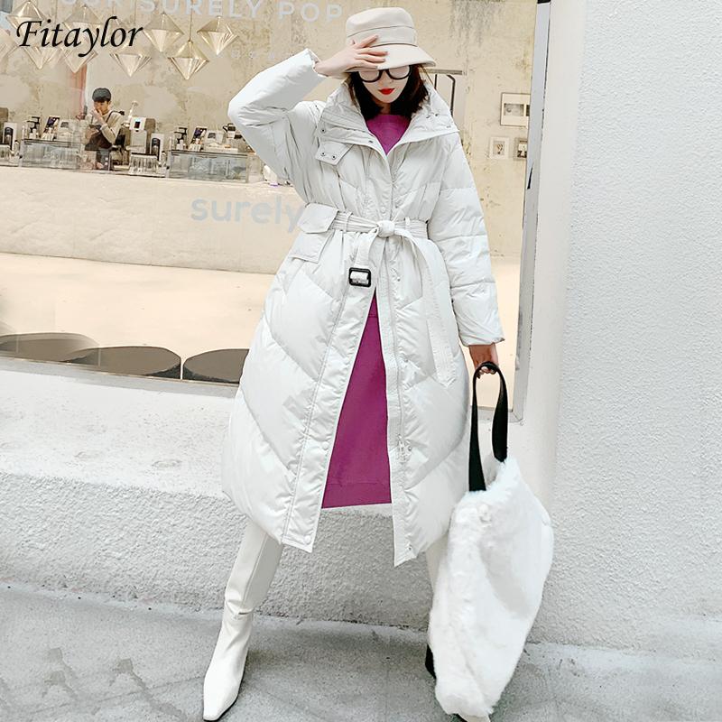 

Fitaylor Winter Stand Collar Long Puffer Jacket Women 90% White Duck Down Thick Coat Female Loose Belt Pocket Warm Snow Outwear, Beige