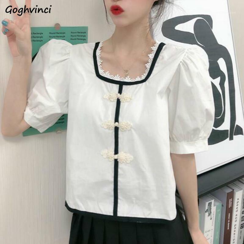 

Shirts Women Plaid Square Collar Buttons Retro Cropped Puff Sleeve Casual Loose Simple All-match Ulzzang Trendy Chic New Blouses1, Black