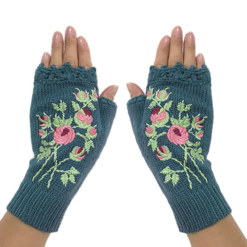 

Women Ins Embroidery Tricolor Floret Ladies Warm Gloves Wool Knitted Winter Gloves