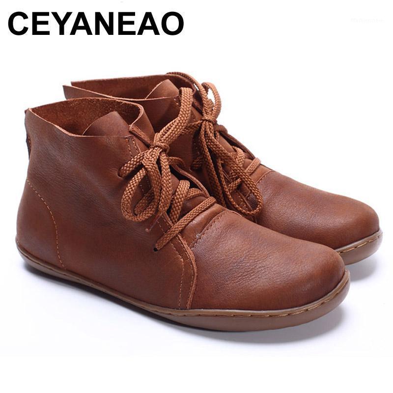 

CEYANEAO Women Ankle Boots Plus Size Hand-made Genuine Leather Woman Boots Round Toe lace up Shoes Female Footwear (5188-8)1, Black