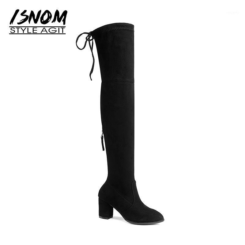 

ISNOM 2020 Latest Woman Thigh High Boot Faux Suede Stretch Lady Over Knee Boot Thick High Heels Shoes Women Winter Big Size1, Red