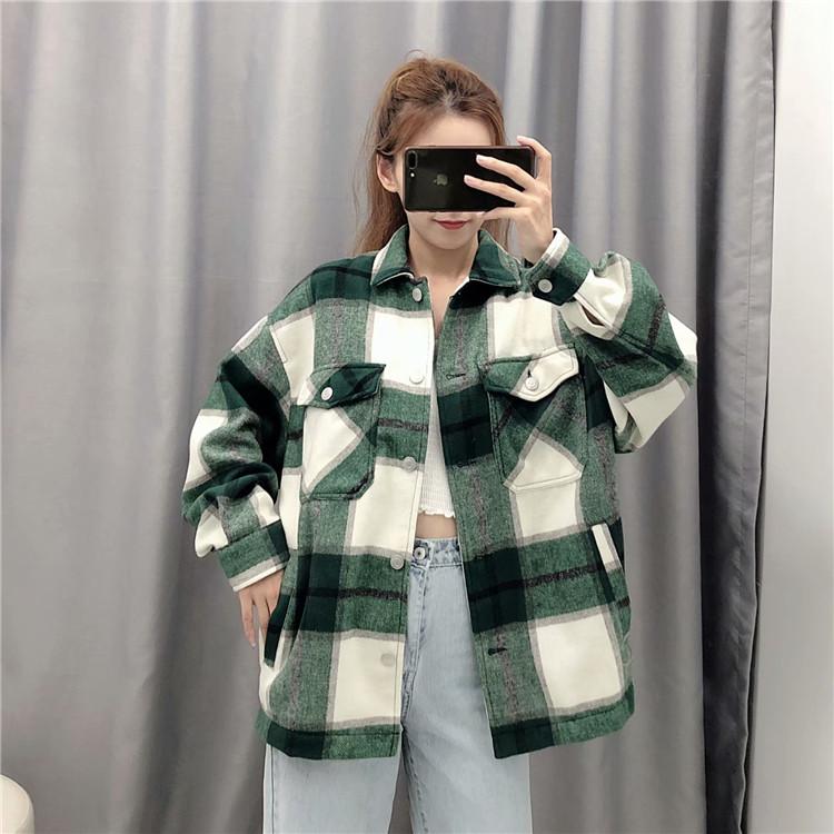 

2020 vintage plaid jacket women coats and jackets streetwear korean button up fashion plus size long coat women jacket kawaii, Blue