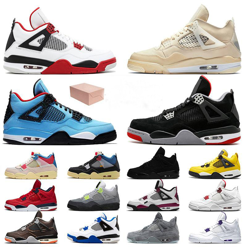 

2021 Starfish With Box Jumpman 4 Fire Red Travis 4s Women Mens Basketball Shoes Sail Bred Black Cat Union Guava Ice Trainers Sneakers