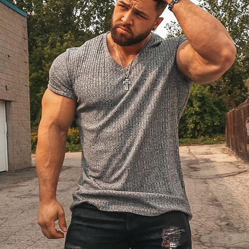 T-shirt pour hommes Couleur solide V tanière Couché quotidien à manches courtes Haut de la mode légère de la mode légère et de grande taille Bleu