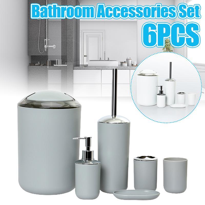 

6Pcs/Set Luxury Bathroom Accessories Set Plastic Toothbrush Holder Cup Soap Dispenser Dish Toilet Brush Holder Trash Can Set