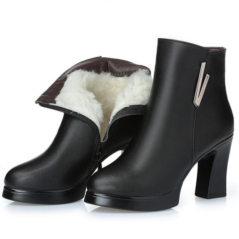 

New Fashion Single Autumn Boots High Heel Shoes Woman Boots Genuine Leather Inside Plush / Wool Warm Winter, Red inside plush