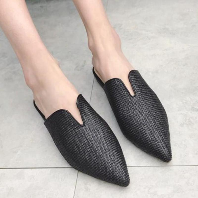 

Mules Women Slipper 2020 Fashion Pointed Toe Weave Mules Shoes Flat Slides Summer Outside Slip On Beach Flip Flop1, Black