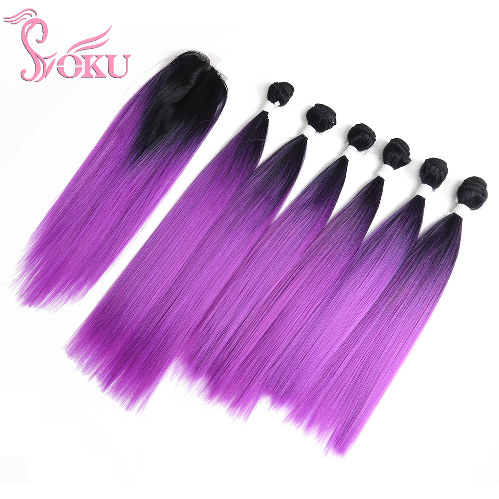 Costume Accessories Synthetic Hair Bundles Weaving With Lace Closure Long Hair Extension Weave Ombre Purple Red Color Yaki Straight Hair Wef-image-749080056