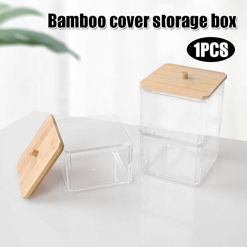 

Multifunction Transparent Organizer Cosmetices Cotton Swab Kitchen Seasoning Storage Box with Bamboo Cover Hogard1