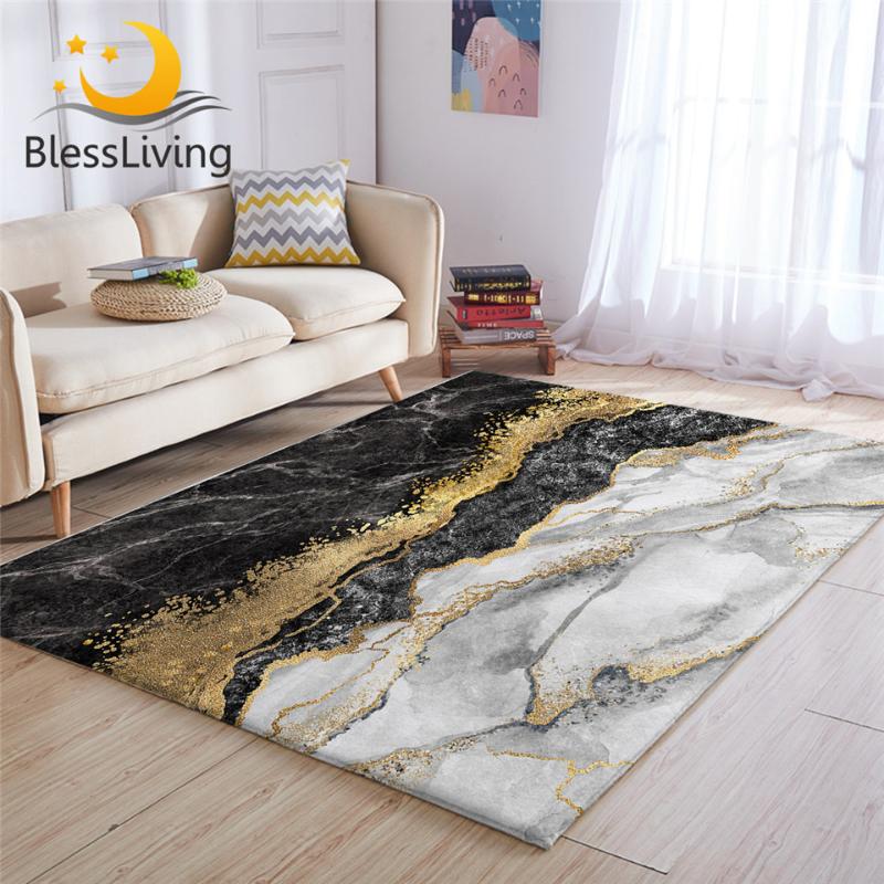 

BlessLiving Luxury Area Rug For Living Room Gold Glitter Marble Center Rug Black Grey Modern Bedroom Carpet 122x183cm Drop Ship
