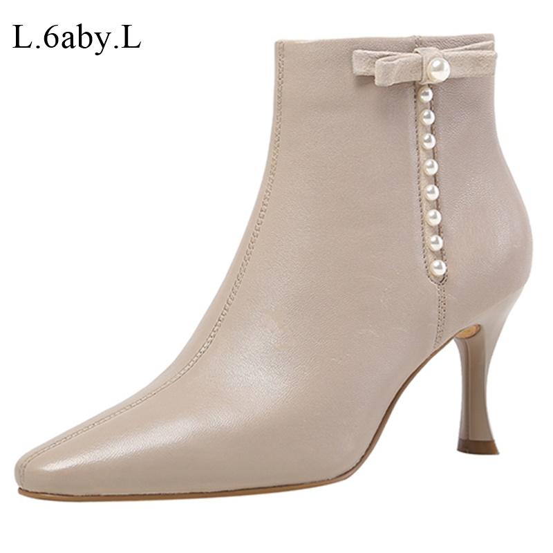 

2021 Winter Lady New Fashion Warm Sexy High Heels Short Boots Party Dress Zipper Bowknot Celebrity Style Black White Size 34-39, Beige