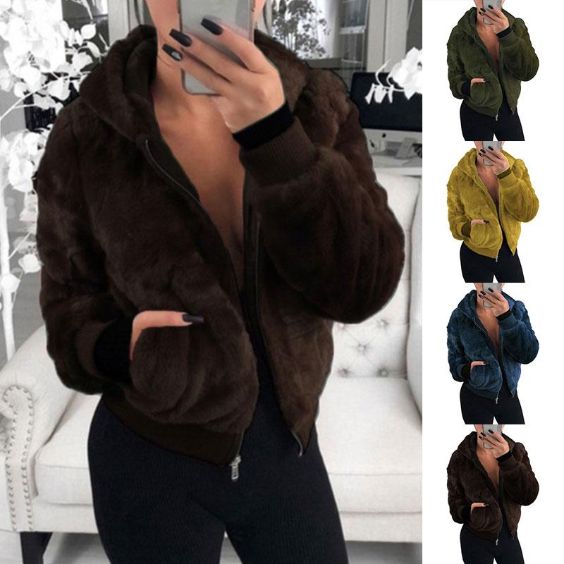 

2020 Autumn Faux Fur Coat Women Teddy Coat Hooded Teddy Jacket Female Long Sleeve Zipper Plush Fluffy Jacket Ladies, Yellow