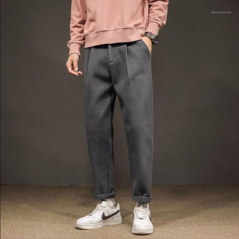

2020 Autumn Woolen Casual Loose Pants Men Vintage Warm Trousers Streetwear Straight Long Pants1, Black