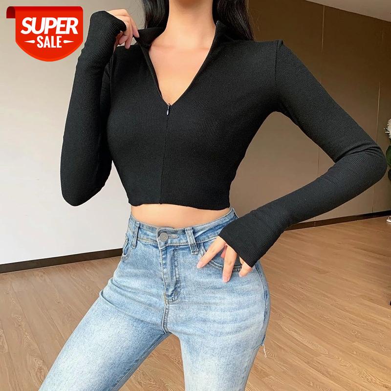 

NORMOV Winter Women Knitted Tops Sexy Black O Neck Zipper Longsleeve With Thumb Short Cotton Tops Streetwear Slim Top Tee Female #pj17, White