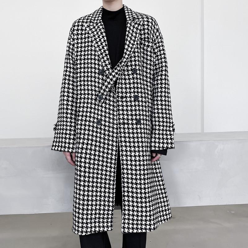 

Autumn Winter Male Casual Overcoat Jacket Men Vintage Houndstooth Double Breasted Loose Plaid Woolen Long Trench Coat Outerwear, H35 red black