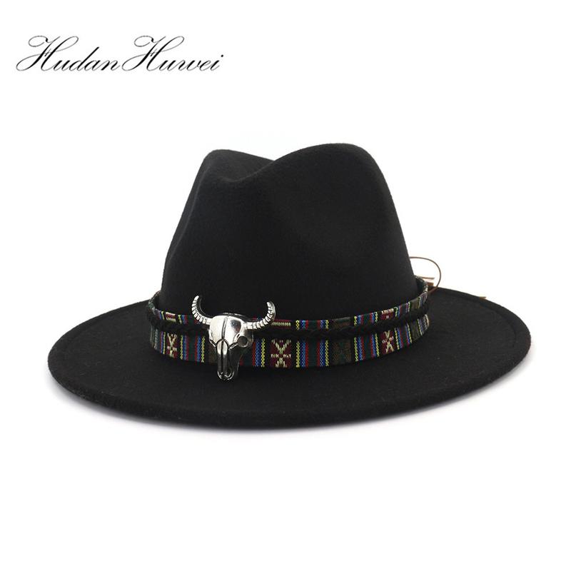 

Trend Men Women Wide Brim Faux Wool Felt Wool Fedora Hats with Bull Head Band Cowboy Trilby Cap Unisex Carnival Panama Jazz Cap, Black