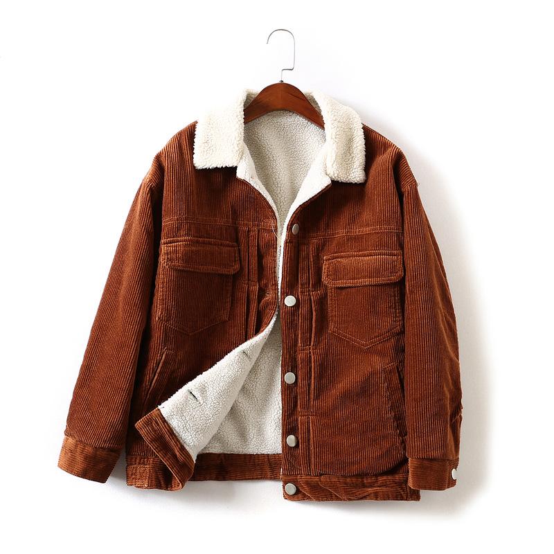 

Womens Dress Western Style Autumn Winter Loose-Fit Fold-Down Collar Lambs Wool Corduroy Coat Brushed Thick Tops /40, Brown