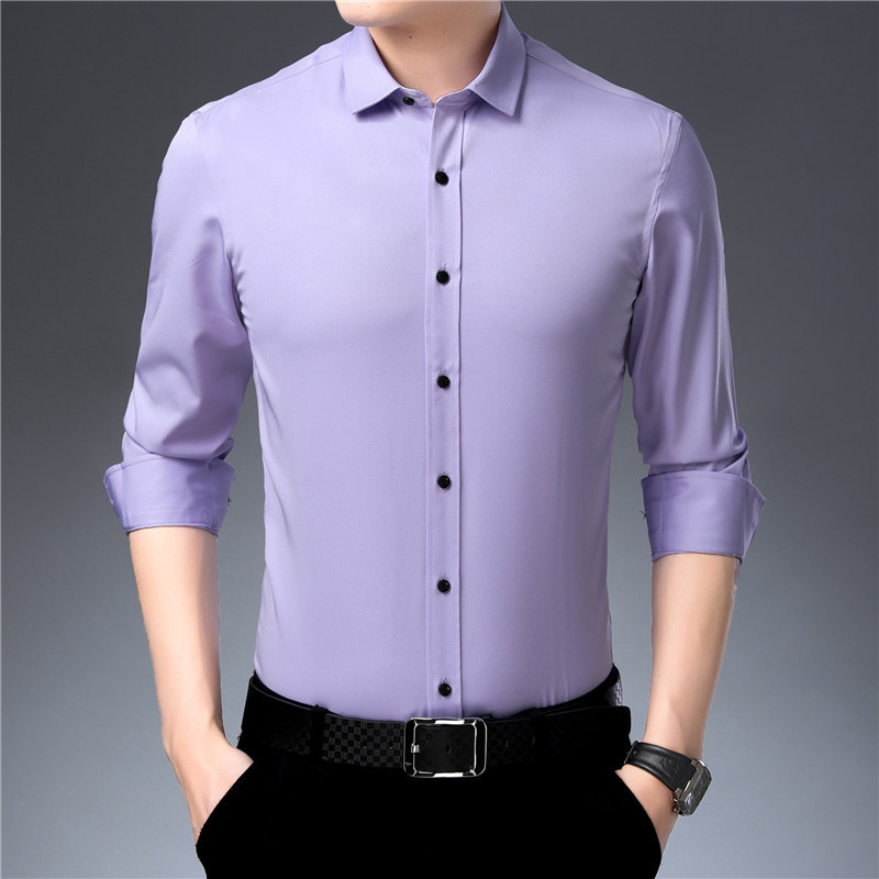 

Elasticity Slim Fit Men Dress Casual Long Sleeved Shirt White Black Blue Red Male Social Formal Shirt Anti Wrinkle No Iron 201124, 2-719 rose red
