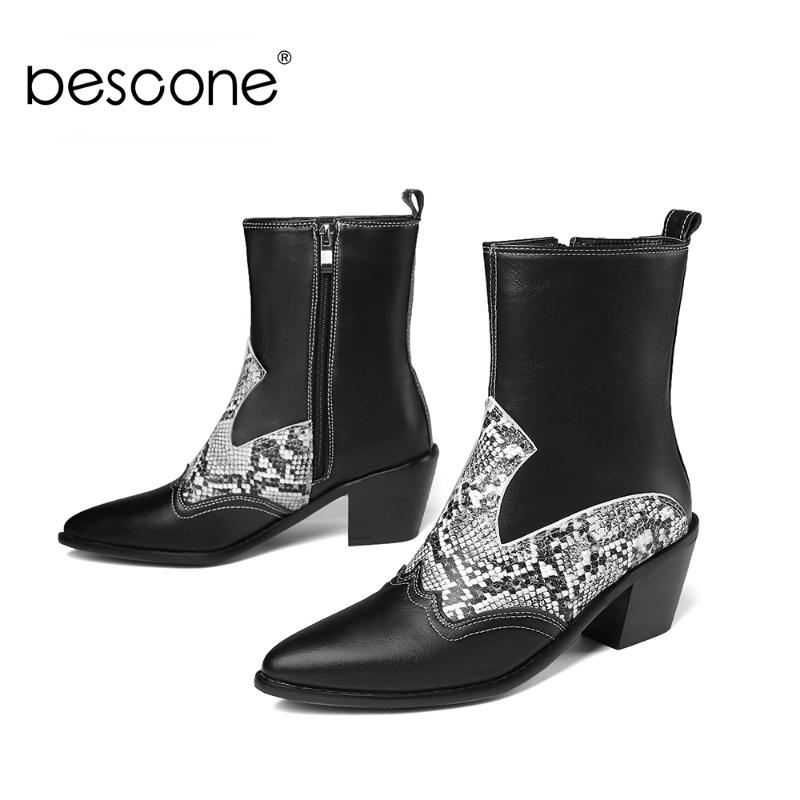 

BESCONE Women Shoes Stylish Elegant Mid-Calf Boots Ladies Pointed Toe Thick Middle Heel Serpentine decoration Shoes Women BM576, Serpentine no plush