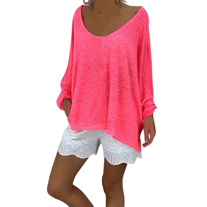 

T Shirt Women' Spring Fashion Hot Pink Deep Round Neck Long Sleeve Polyester Shirts 19July16 P30 Y200412, Be