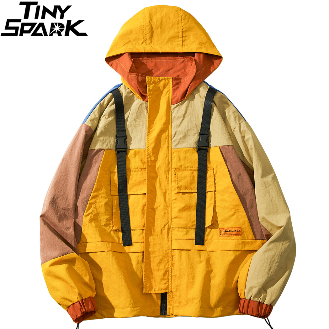 

2019 Streetwear Hip Hop Hooded Windbreaker Jacket Men Vintage Color Block Jacket Coat Harajuku Pocket Track Jacket Fall Outwear, A27a112 black